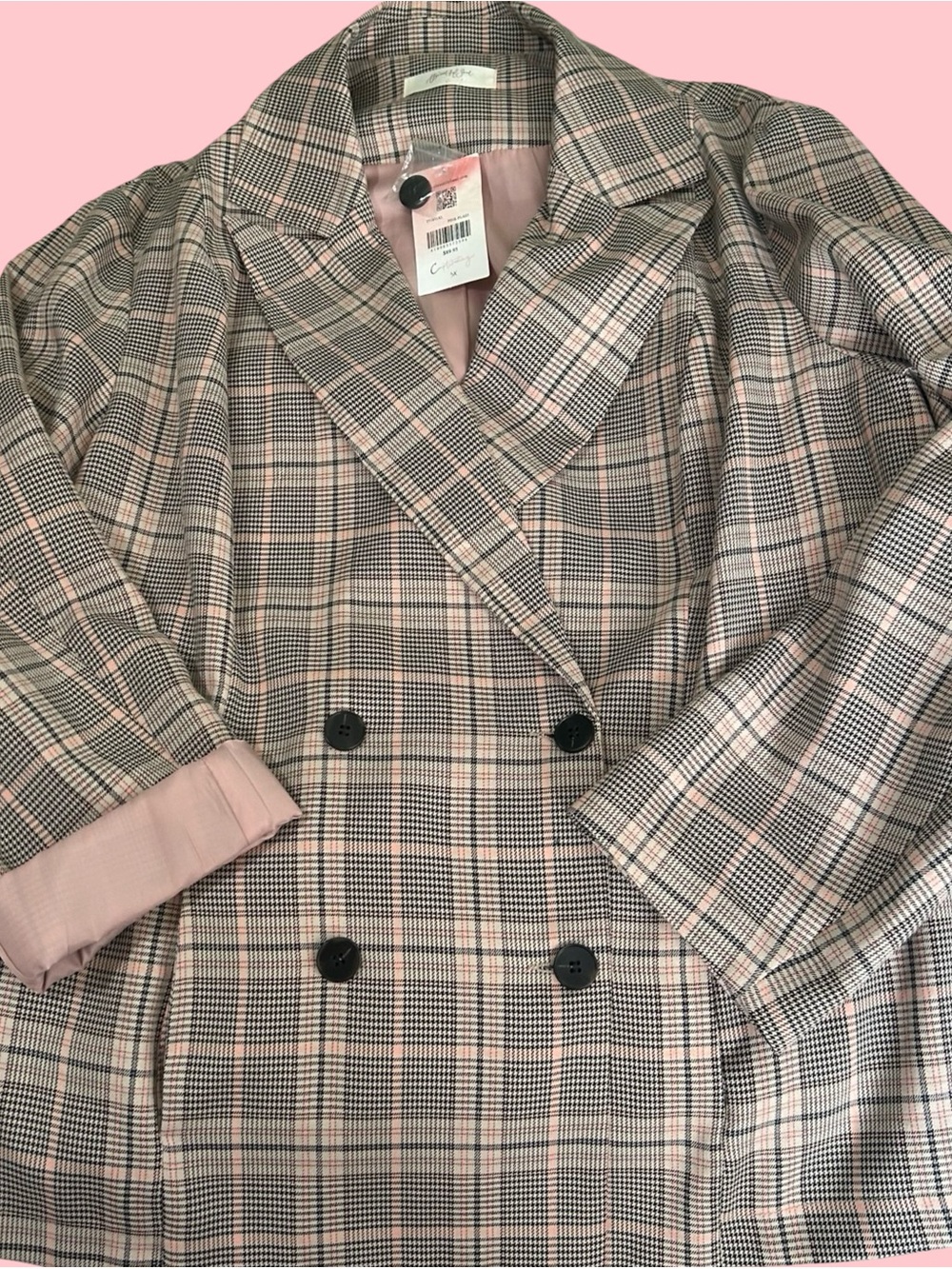 Plaid Double-Breasted Blazer Jacket in Pink and Gray.Boss Lady Blazer! Size 3X. - Picture 8 of 16